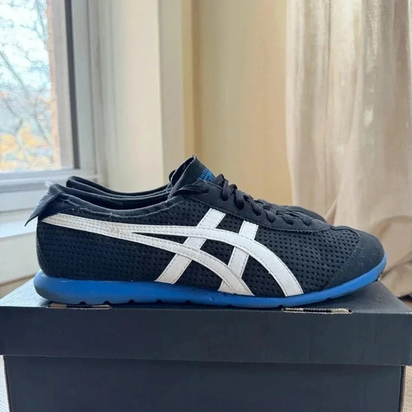 Onitsuka Tiger Rio Runner Trainers Sneaker Shoes Black Blue White Mens 9.5 - Picture 1 of 9